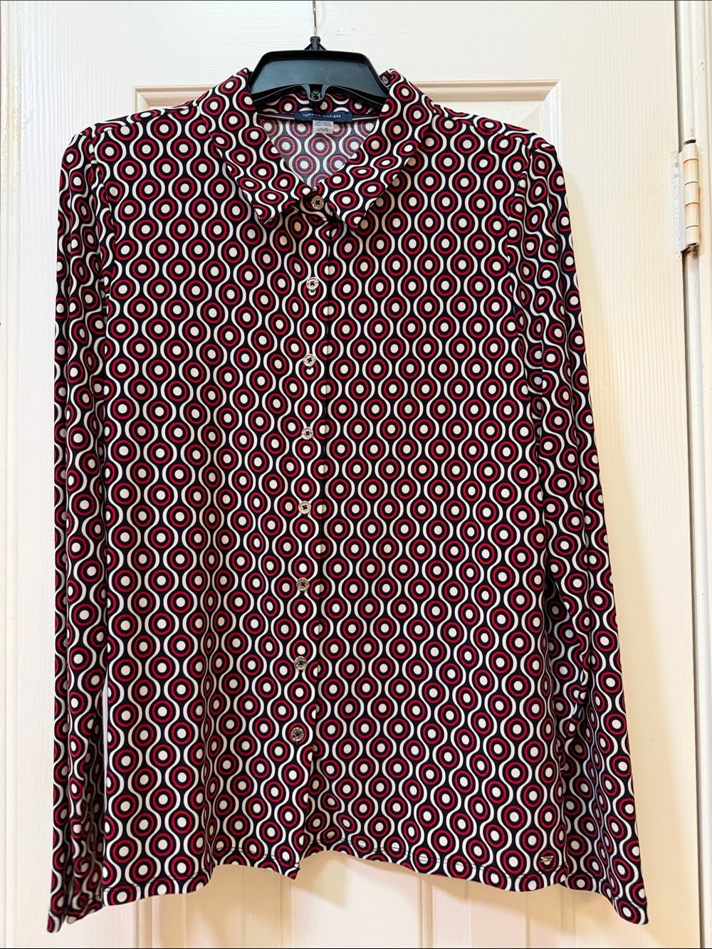 Tommy Hilfiger Women’s Geometric Button-Down Blouse - Burgundy/White/Black